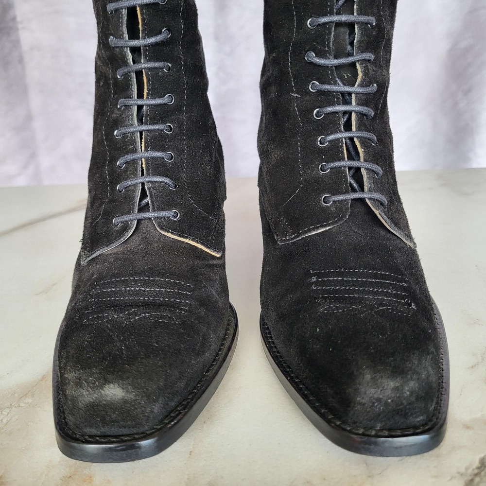 Joan David Tall Lace Up Black Suede Western Boots Womens Size 38 Square Toe - Picture 3 of 16